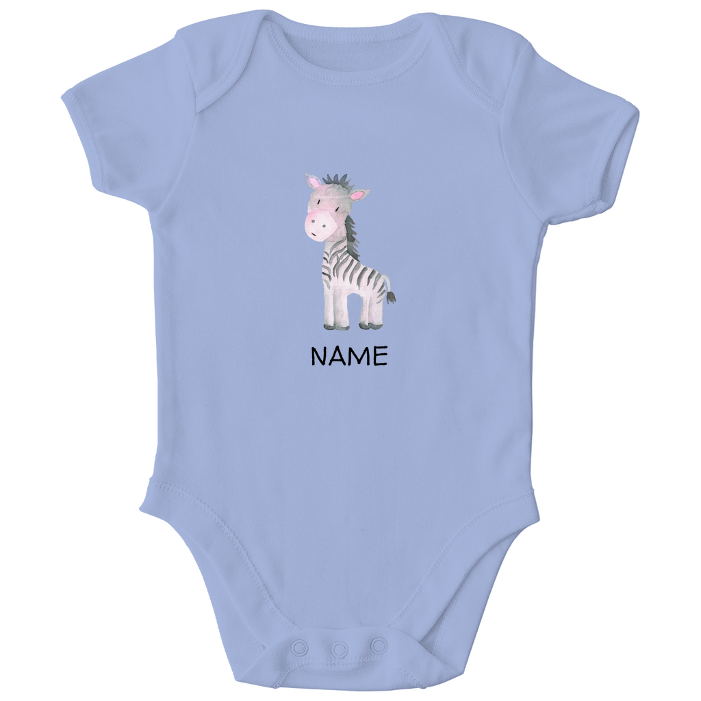 Baby Kurzarm Body "Little Zebra" süßes Tiermotiv in Hellblau: Handgezeichnetes Zebra in Rosa- und Grautönen, personalisierbar mit Namen