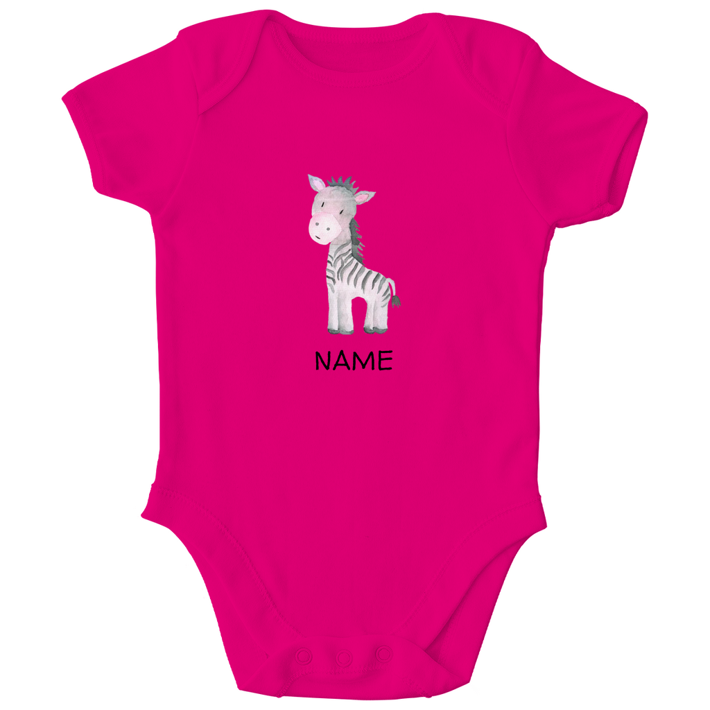 Baby Kurzarm Body "Little Zebra" süßes Tiermotiv in Magenta Pink: Handgezeichnetes Zebra in Rosa- und Grautönen, personalisierbar mit Namen