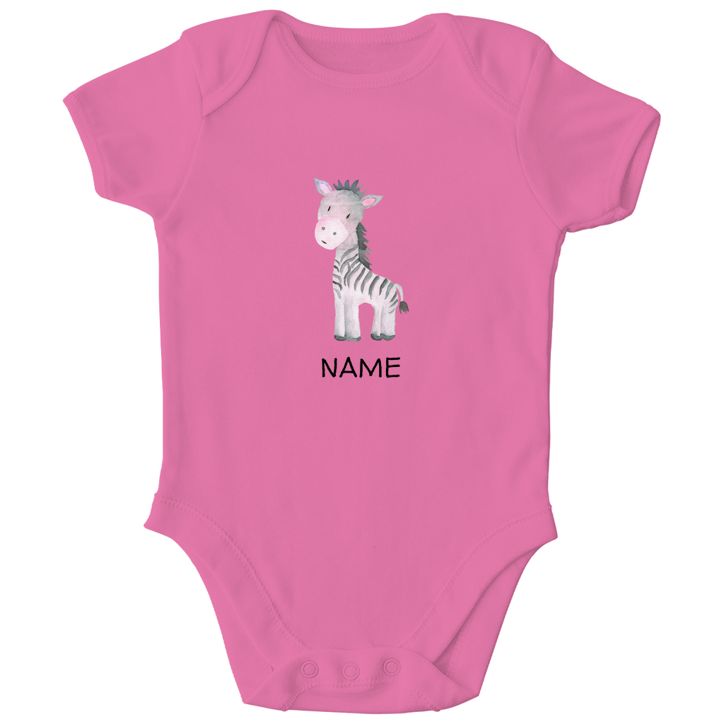 Baby Kurzarm Body "Little Zebra" süßes Tiermotiv in Pink: Handgezeichnetes Zebra in Rosa- und Grautönen, personalisierbar mit Namen