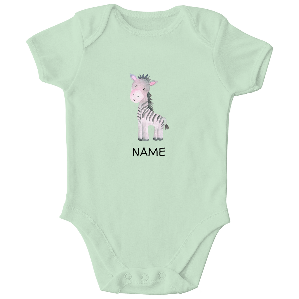 Baby Kurzarm Body "Little Zebra" süßes Tiermotiv in Sage: Handgezeichnetes Zebra in Rosa- und Grautönen, personalisierbar mit Namen