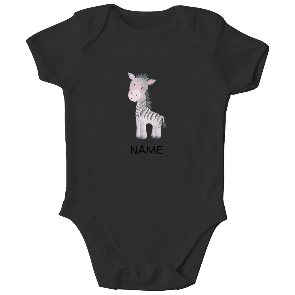 Baby Kurzarm Body "Little Zebra" süßes Tiermotiv in Schwarz: Handgezeichnetes Zebra in Rosa- und Grautönen, personalisierbar mit Namen