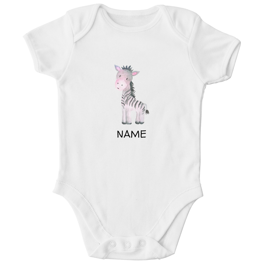 Baby Kurzarm Body "Little Zebra" süßes Tiermotiv in Weiß: Handgezeichnetes Zebra in Rosa- und Grautönen, personalisierbar mit Namen