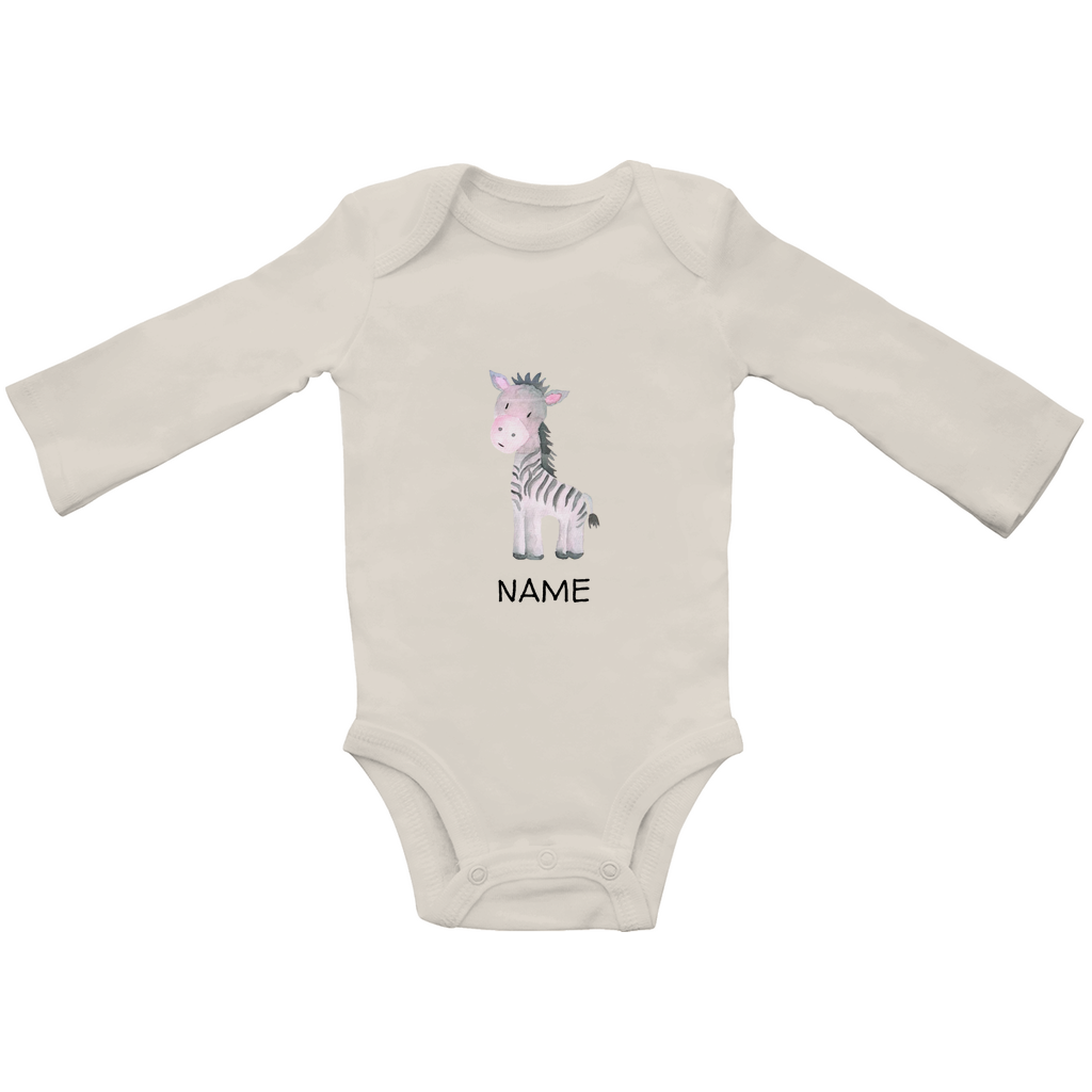 Baby Langarm Body "Little Zebra" Tiermotiv in Beige: Handgezeichnetes Zebra in Rosa- und Grautönen, personalisierbar mit Namen