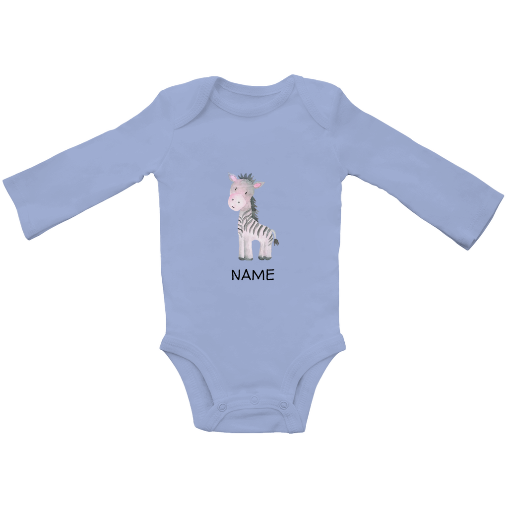 Baby Langarm Body "Little Zebra" Tiermotiv in Hellblau: Handgezeichnetes Zebra in Rosa- und Grautönen, personalisierbar mit Namen