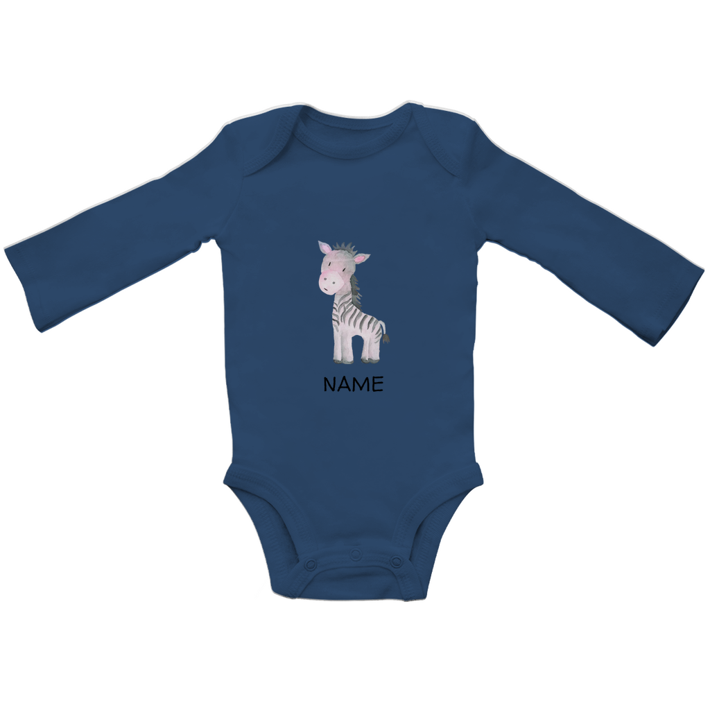 Baby Langarm Body "Little Zebra" Tiermotiv in Navy Blau: Handgezeichnetes Zebra in Rosa- und Grautönen, personalisierbar mit Namen