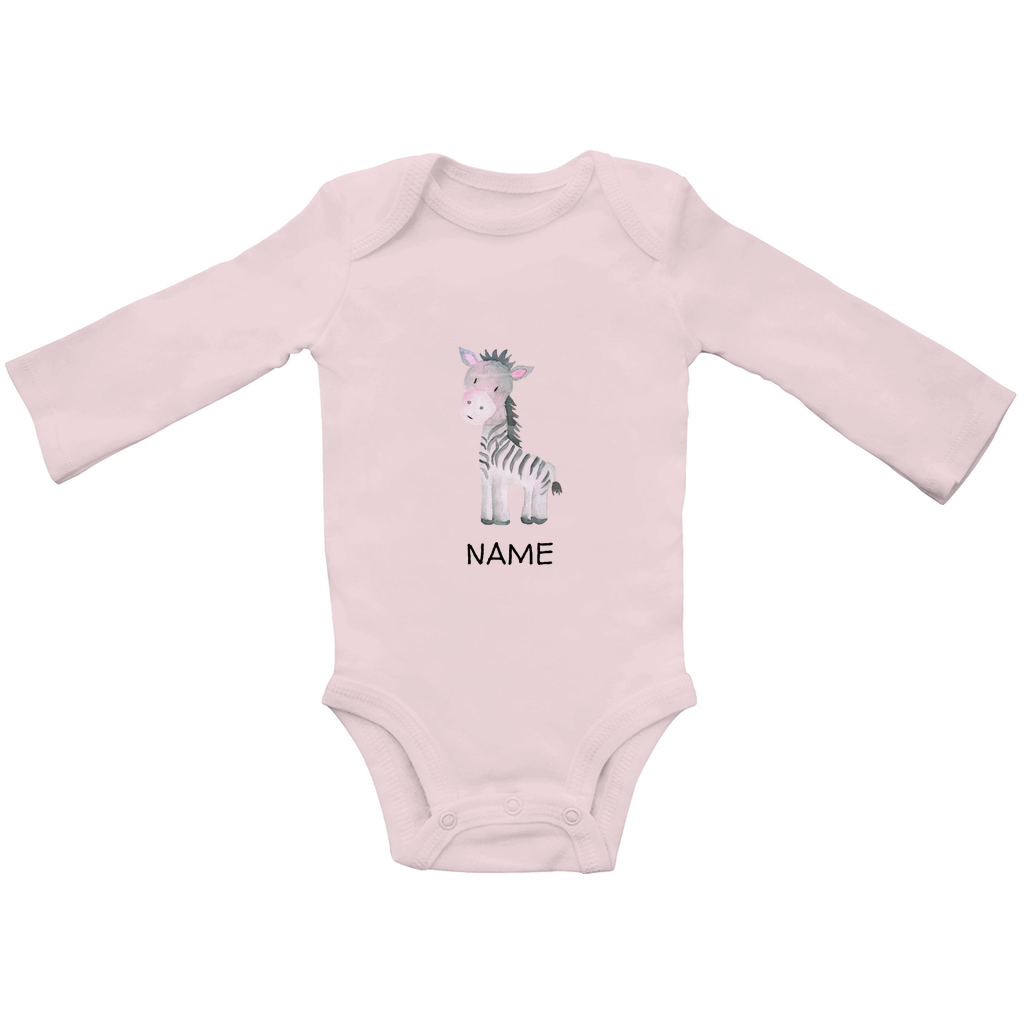 Baby Langarm Body "Little Zebra" Tiermotiv in Rosa: Handgezeichnetes Zebra in Rosa- und Grautönen, personalisierbar mit Namen