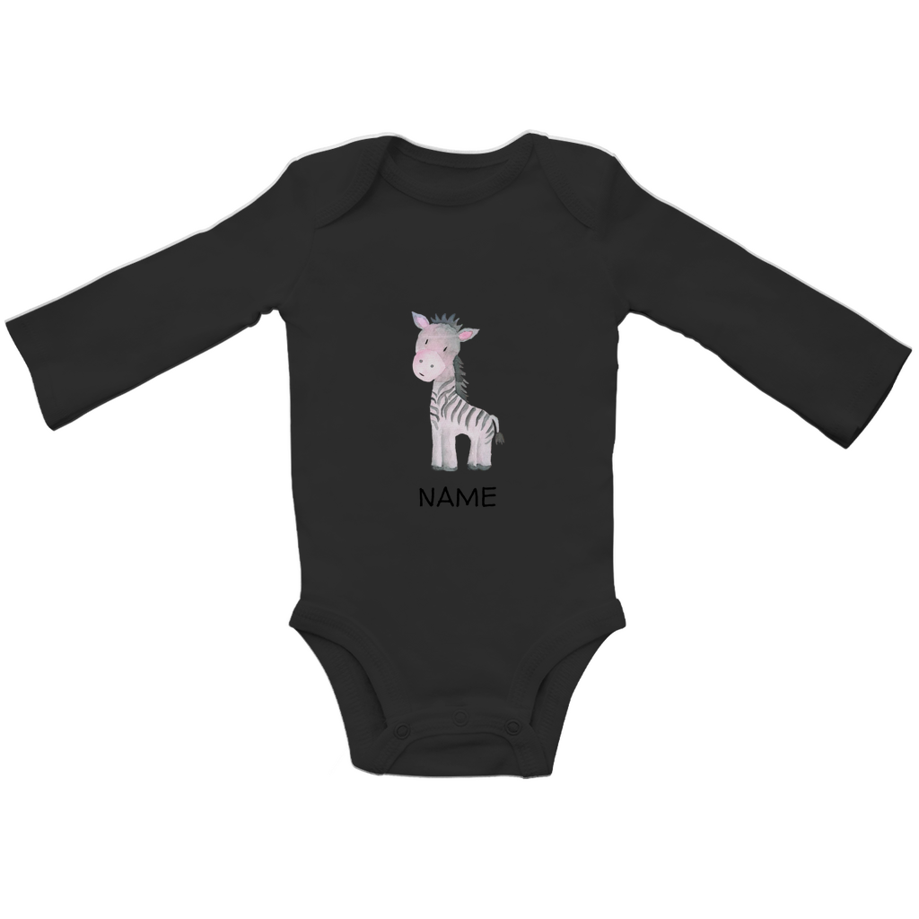 Baby Langarm Body "Little Zebra" Tiermotiv in Schwarz: Handgezeichnetes Zebra in Rosa- und Grautönen, personalisierbar mit Namen