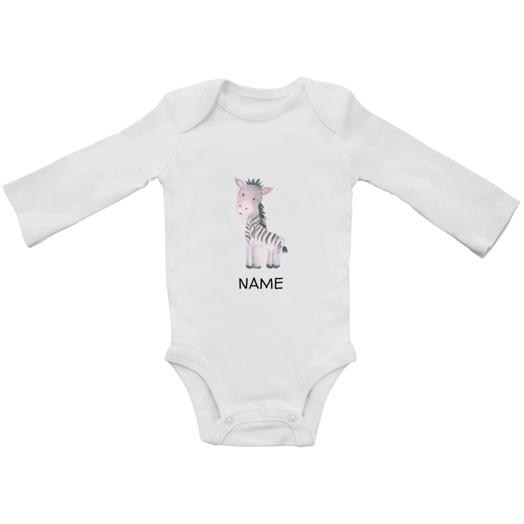 Baby Langarm Body "Little Zebra" Tiermotiv in Weiß: Handgezeichnetes Zebra in Rosa- und Grautönen, personalisierbar mit Namen