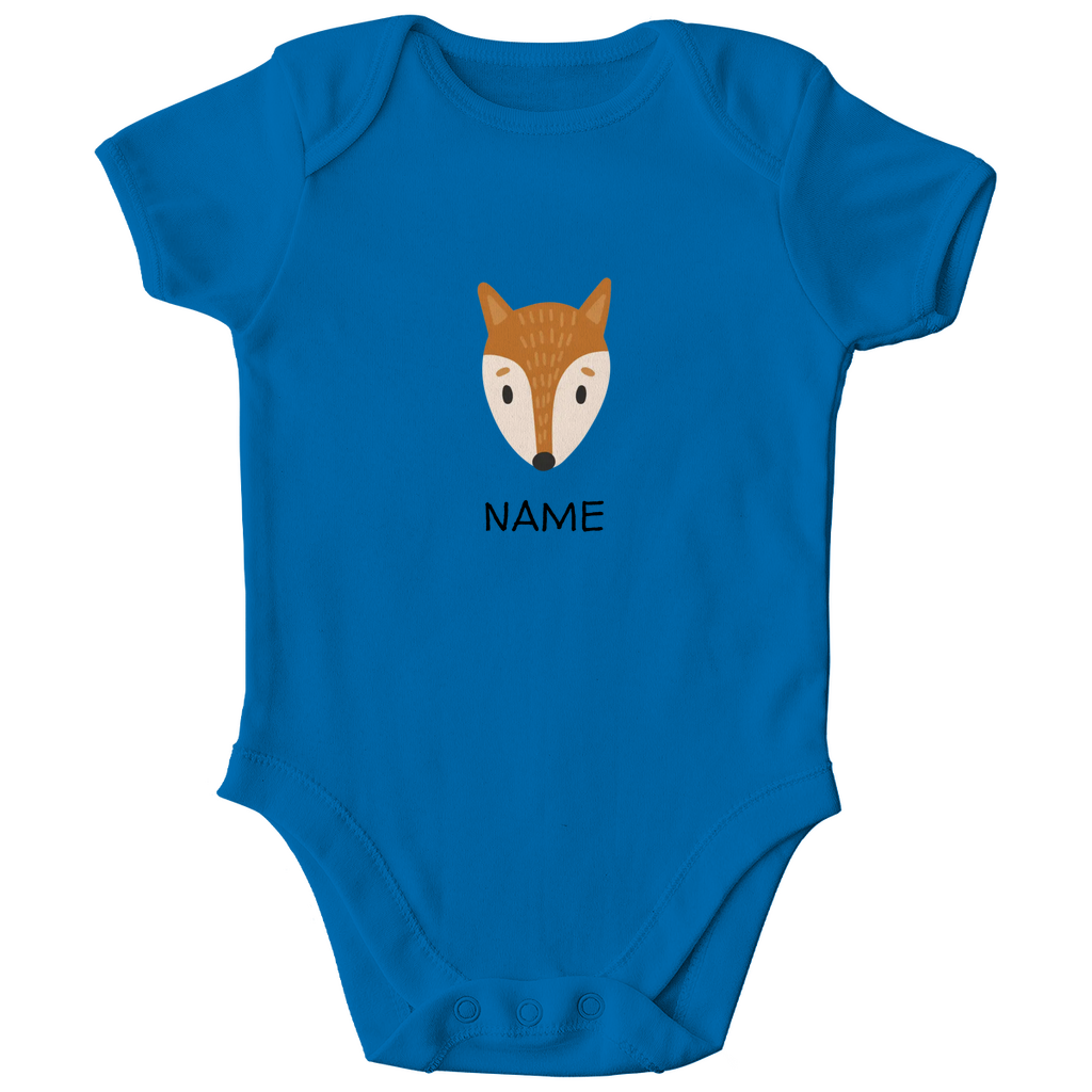 Baby Kurzarm Body "Clever Fox" in Blau: Minimalistisches Fuchs-Tiermotiv im skandinavischen Design, personalisierbar mit Namen