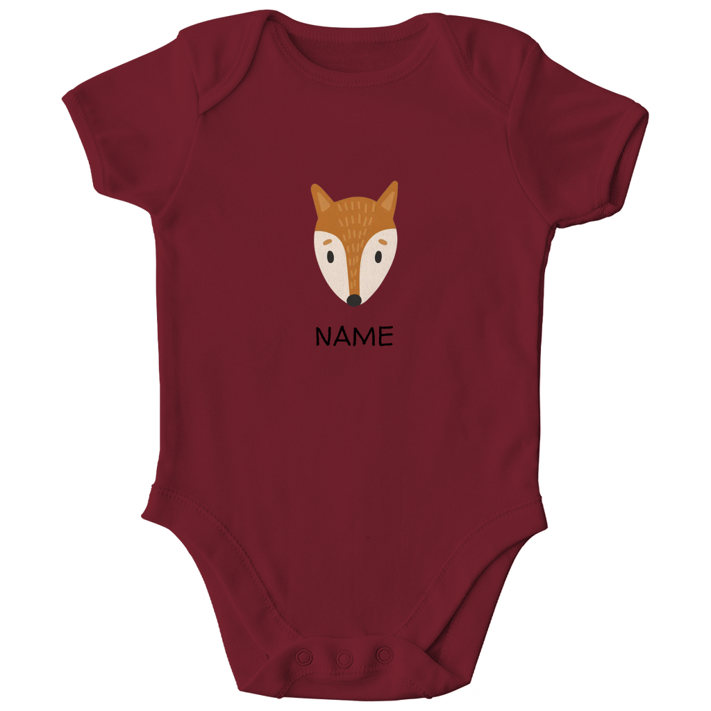 Baby Kurzarm Body "Clever Fox" in Burgundy Wein-Rot: Minimalistisches Fuchs-Tiermotiv im skandinavischen Design, personalisierbar mit Namen