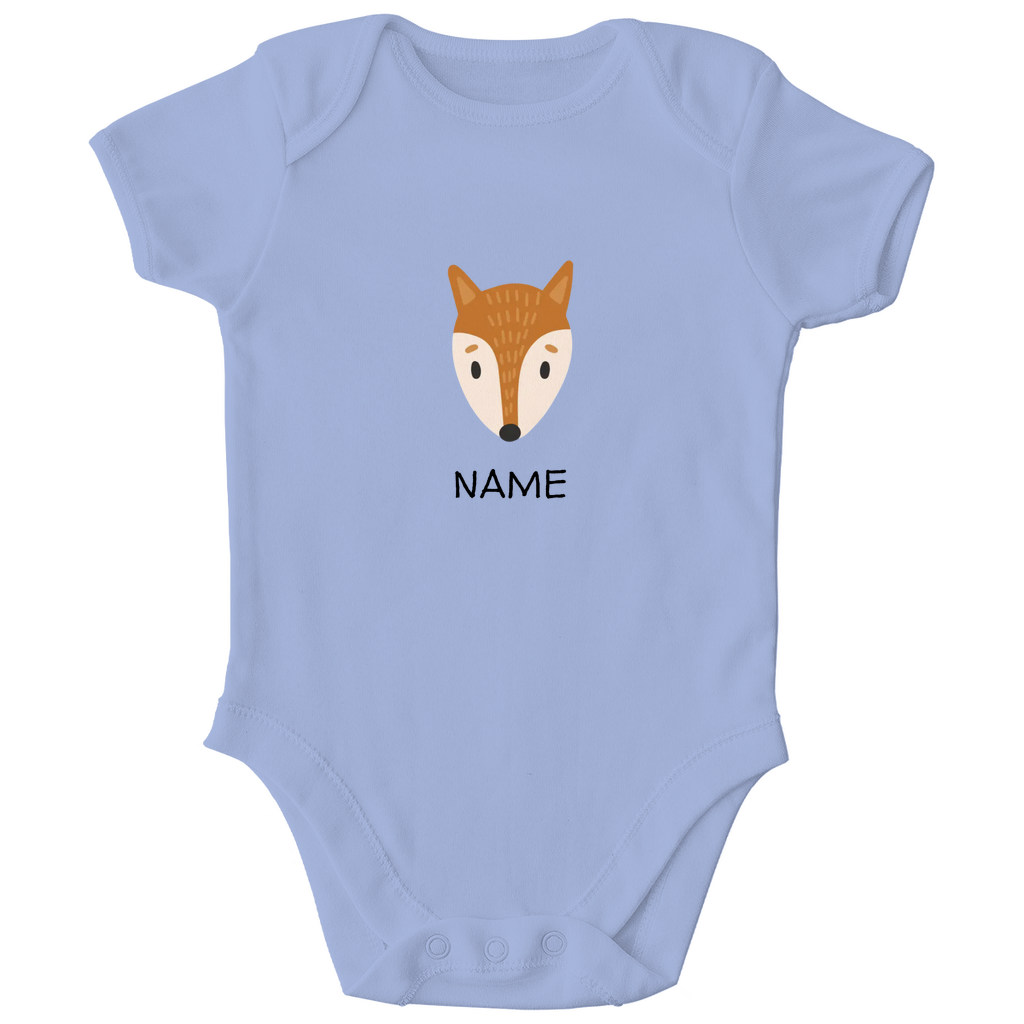 Baby Kurzarm Body "Clever Fox" in Hellblau: Minimalistisches Fuchs-Tiermotiv im skandinavischen Design, personalisierbar mit Namen
