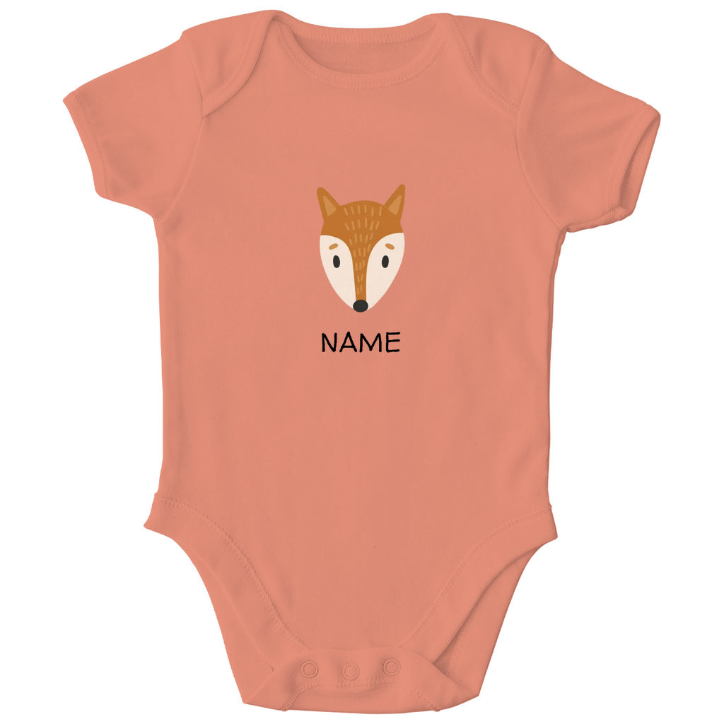 Baby Kurzarm Body "Clever Fox" in Orange: Minimalistisches Fuchs-Tiermotiv im skandinavischen Design, personalisierbar mit Namen