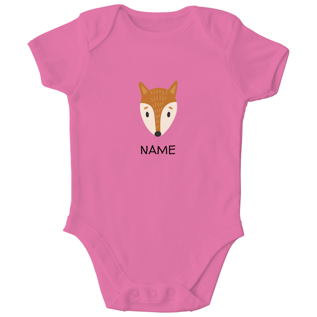 Baby Kurzarm Body "Clever Fox" in Pink: Minimalistisches Fuchs-Tiermotiv im skandinavischen Design, personalisierbar mit Namen