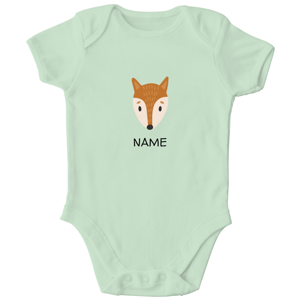 Baby Kurzarm Body "Clever Fox" in Sage: Minimalistisches Fuchs-Tiermotiv im skandinavischen Design, personalisierbar mit Namen