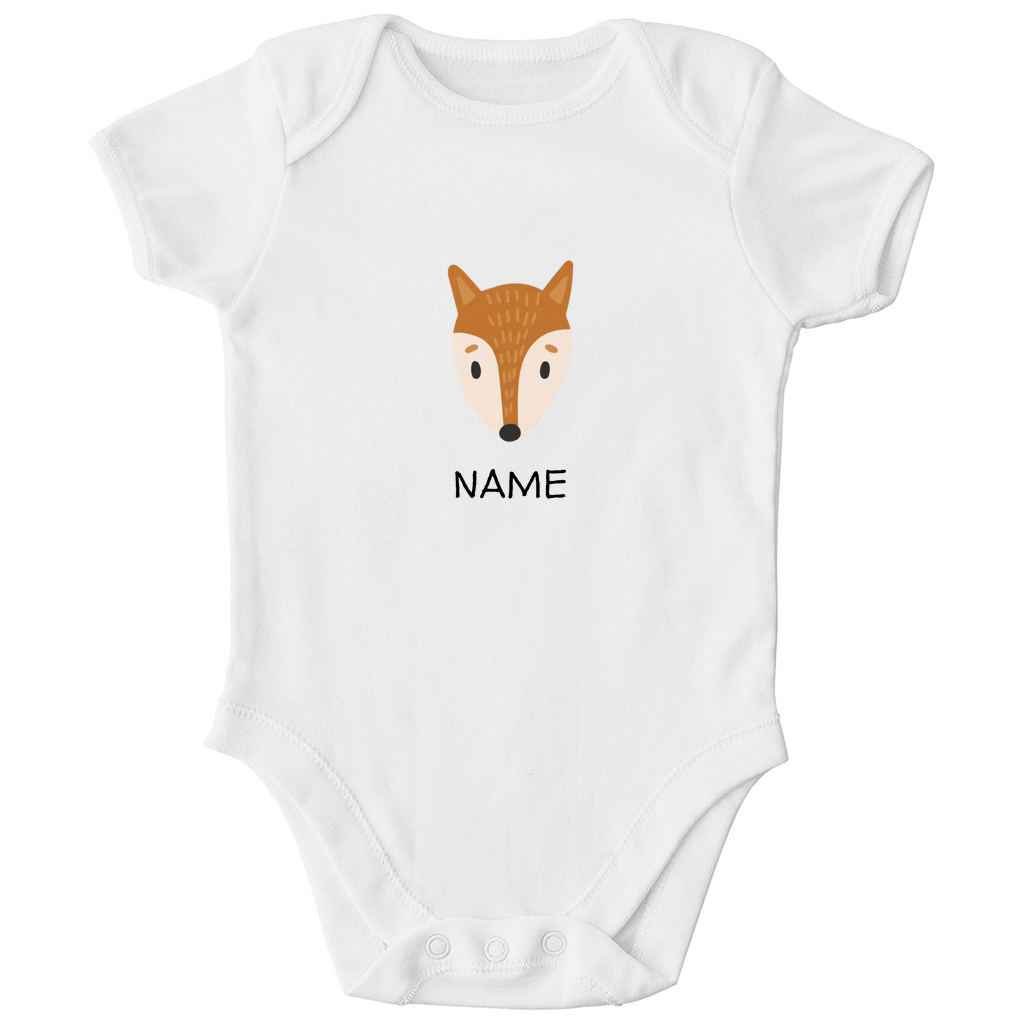 Baby Kurzarm Body "Clever Fox" in Weiß: Minimalistisches Fuchs-Tiermotiv im skandinavischen Design, personalisierbar mit Namen