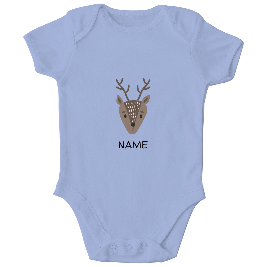 Baby Kurzarm Body "Little Deer" in Blau: Minimalistisches Reh-Tiermotiv im skandinavischen Design, personalisierbar mit Namen