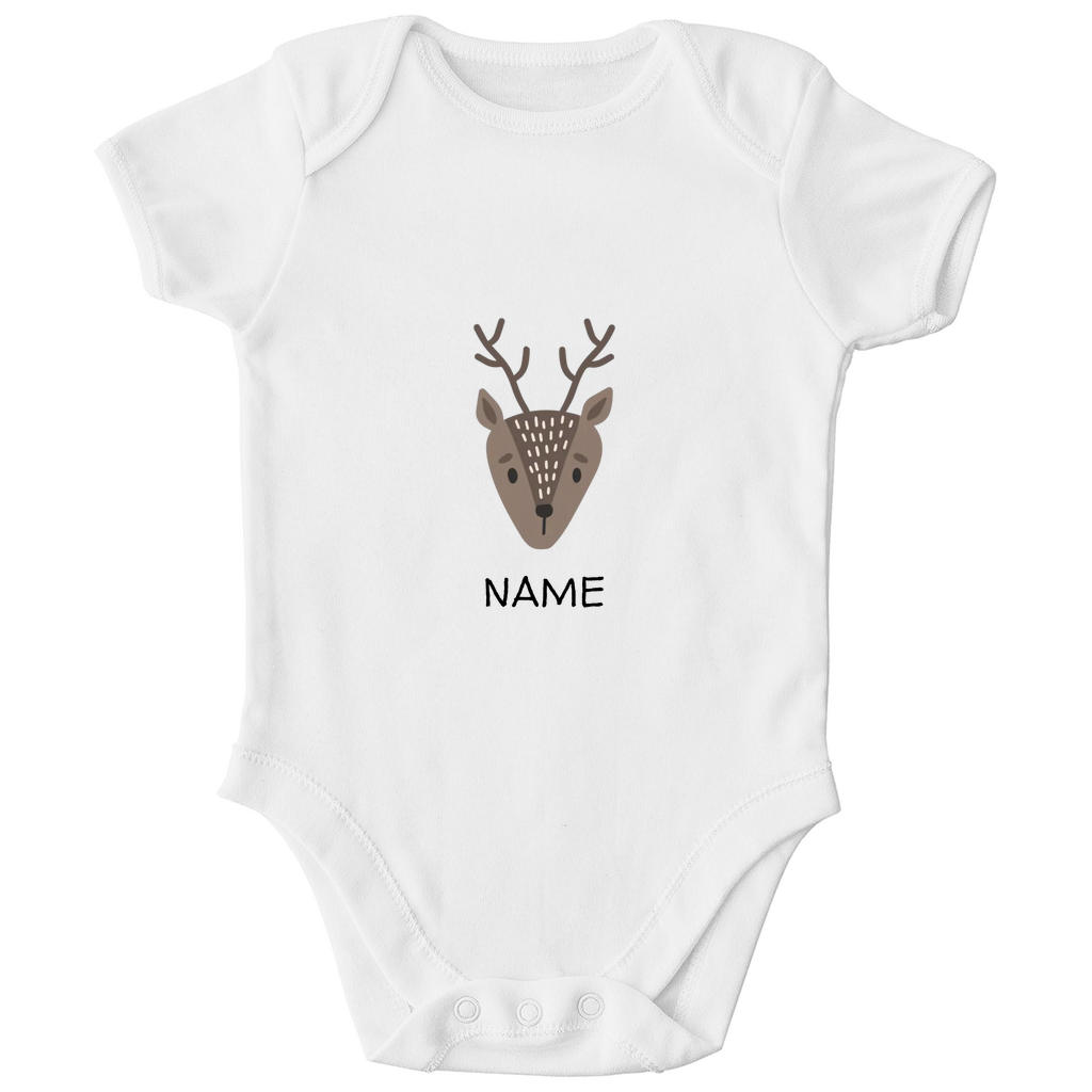 Baby Kurzarm Body "Little Deer" in Weiß: Minimalistisches Reh-Tiermotiv im skandinavischen Design, personalisierbar mit Namen