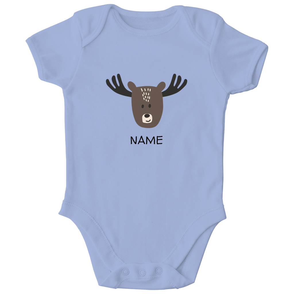Baby Kurzarm Body "Little Moose" in Blau: Minimalistisches Elch-Tiermotiv im skandinavischen Design, personalisierbar mit Namen