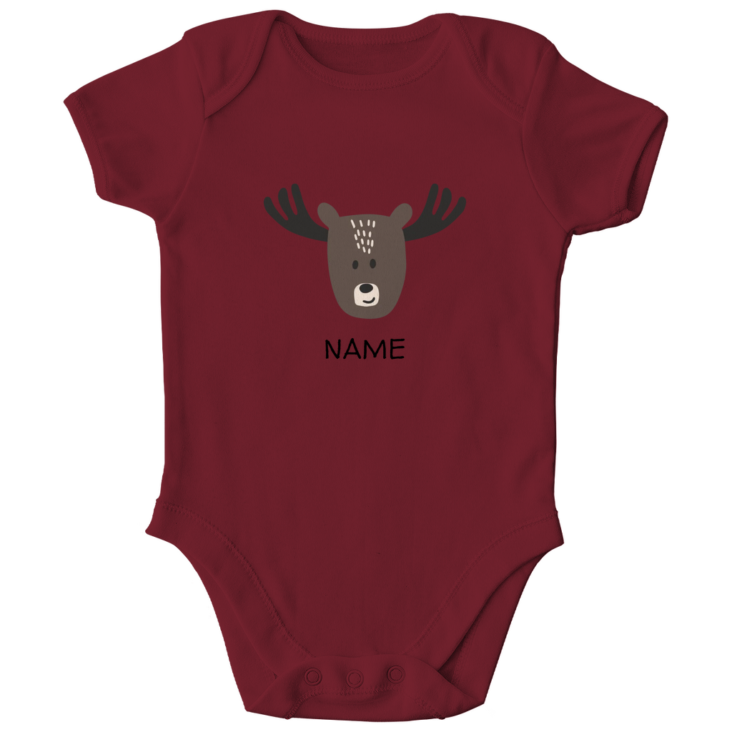 Baby Kurzarm Body "Little Moose" in Burgundy Wein-Rot: Minimalistisches Elch-Tiermotiv im skandinavischen Design, personalisierbar mit Namen