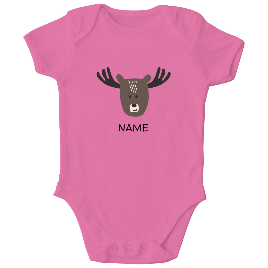 Baby Kurzarm Body "Little Moose" in Pink: Minimalistisches Elch-Tiermotiv im skandinavischen Design, personalisierbar mit Namen