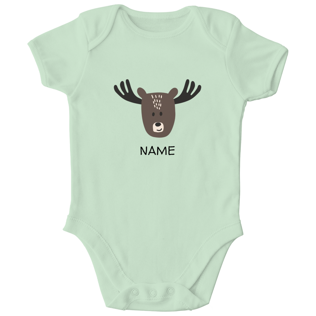 Baby Kurzarm Body "Little Moose" in Sage: Minimalistisches Elch-Tiermotiv im skandinavischen Design, personalisierbar mit Namen