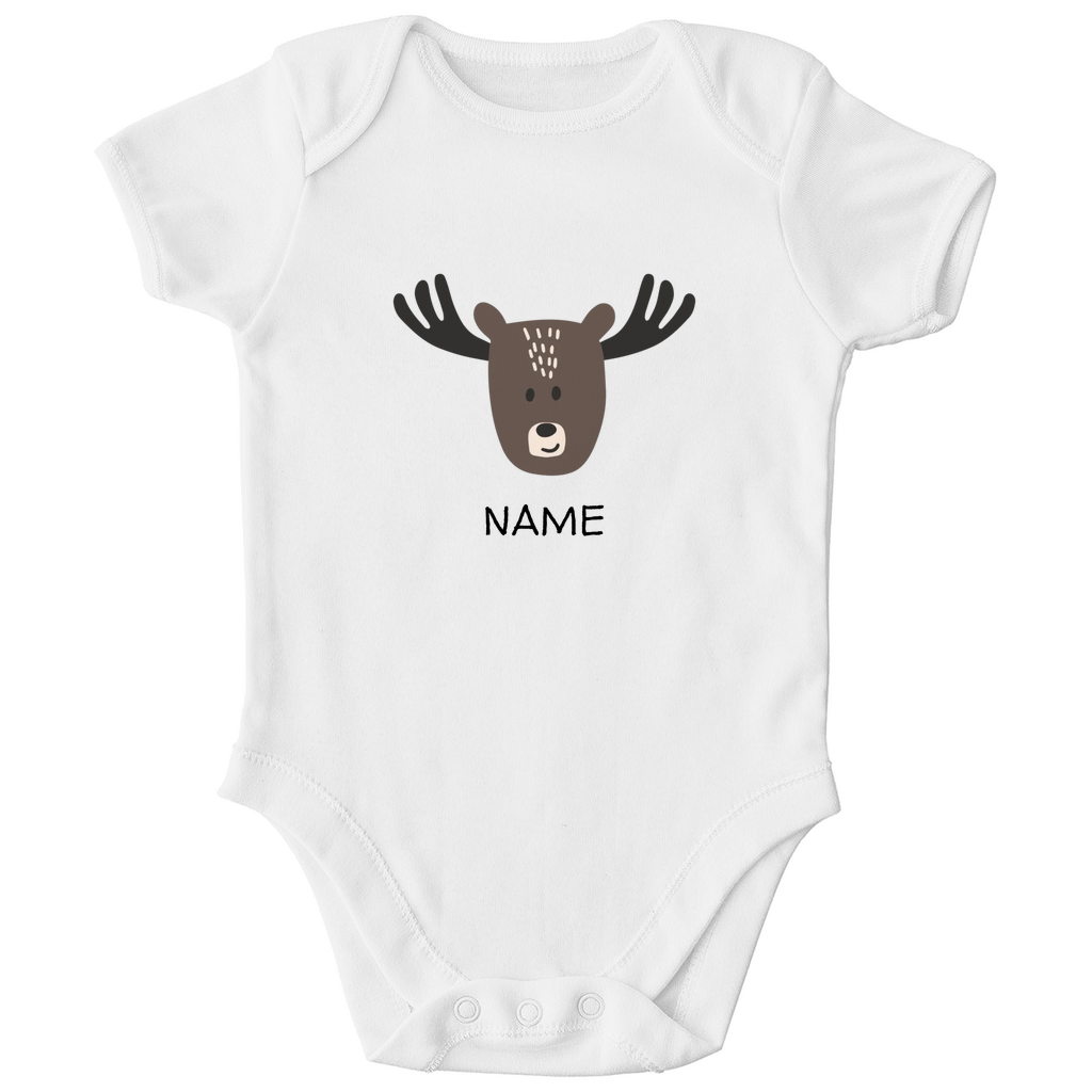 Baby Kurzarm Body "Little Moose" in Weiß: Minimalistisches Elch-Tiermotiv im skandinavischen Design, personalisierbar mit Namen