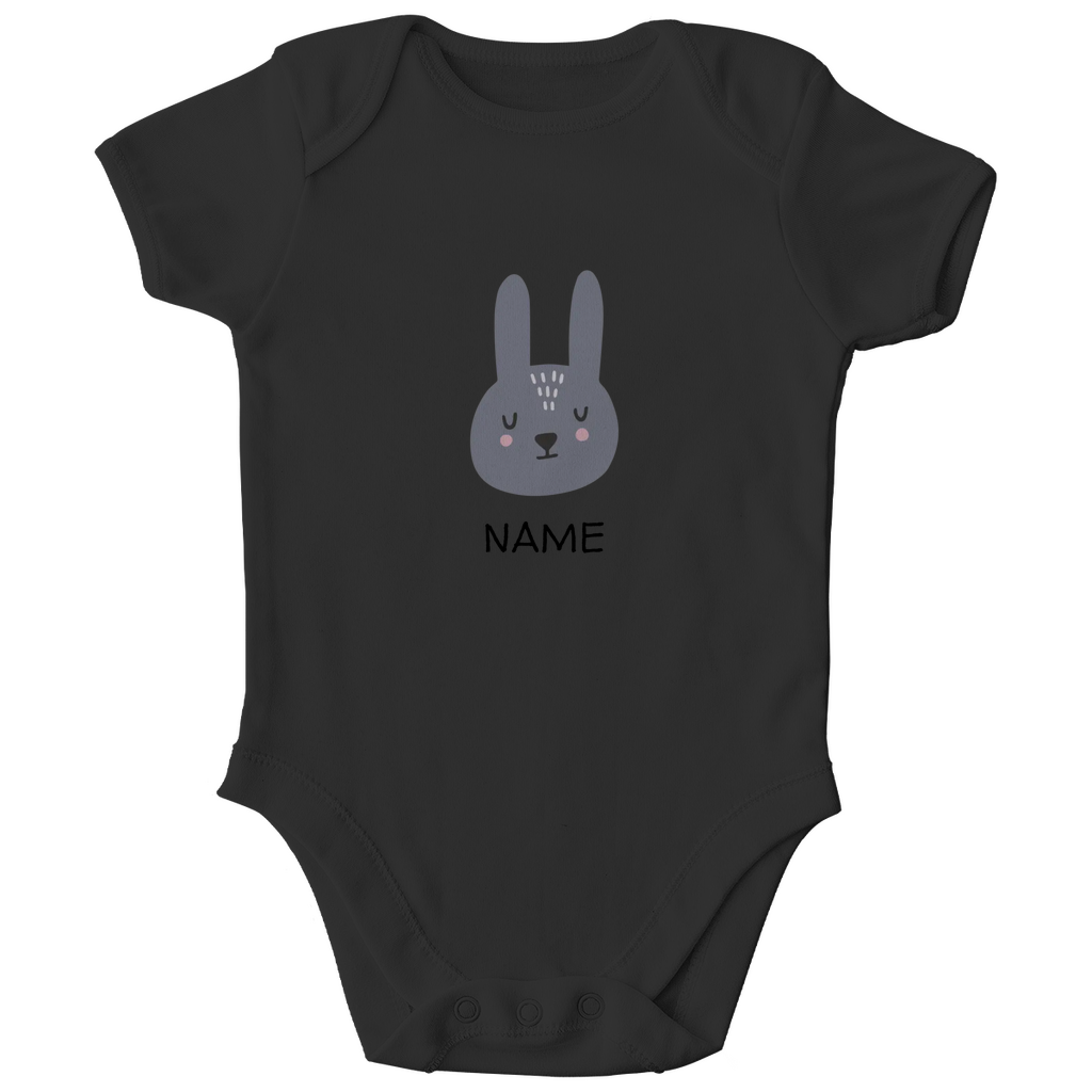 Baby Kurzarm Body "Sweet Bunny" in Schwarz: Minimalistisches Hasen-Tiermotiv im skandinavischen Design, personalisierbar mit Namen