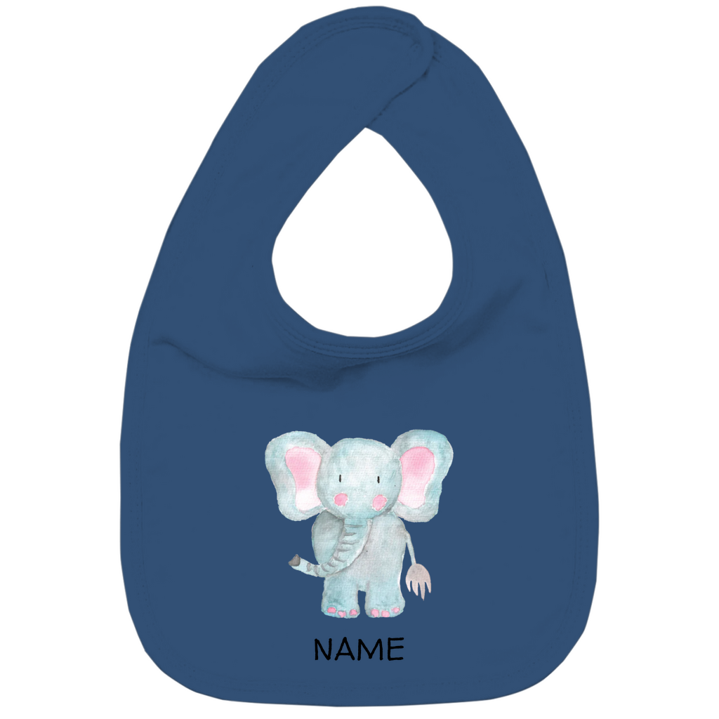 Baby Lätzchen "Little Elephant" in Blau (dunkel): Handgezeichnetes Elefanten-Tiermotiv in Blau- und Rosatönen, personalisierbar mit Namen