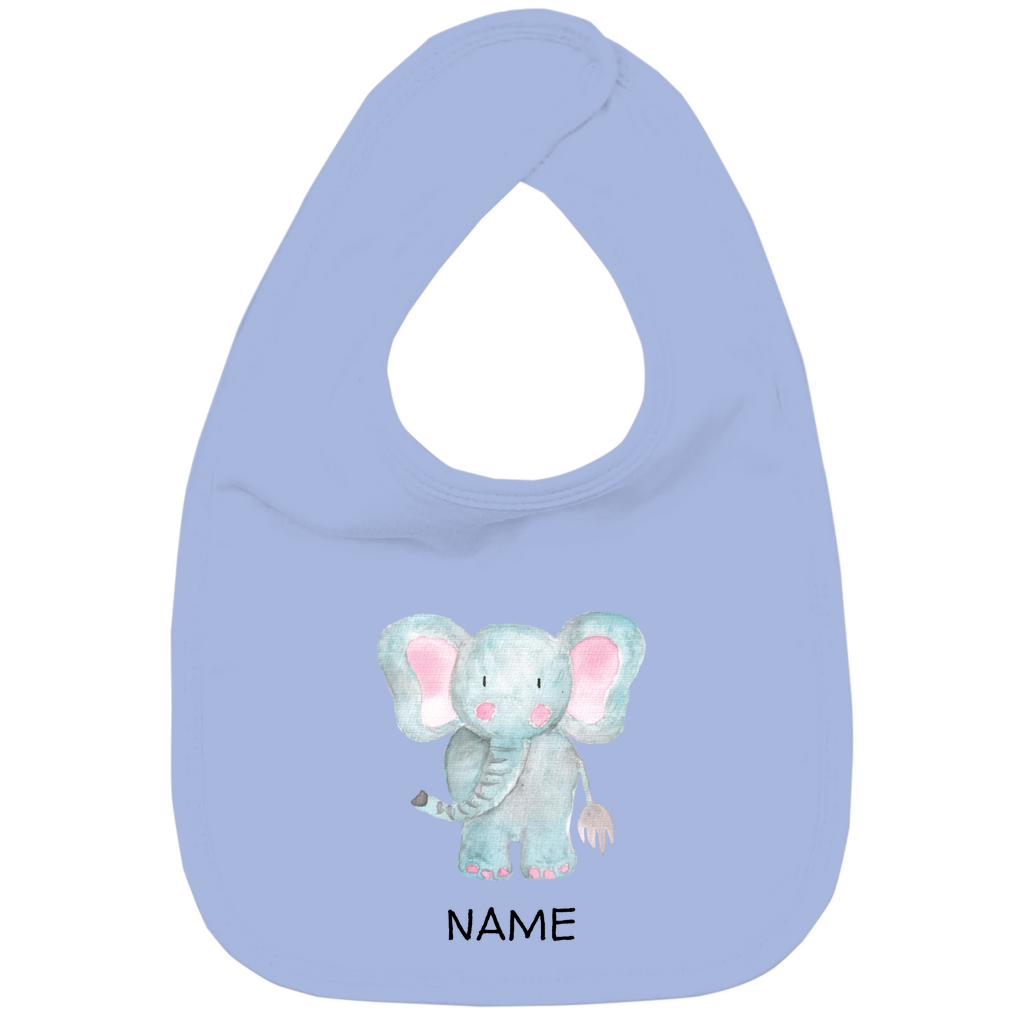 Baby Lätzchen "Little Elephant" in Blau: Handgezeichnetes Elefanten-Tiermotiv in Blau- und Rosatönen, personalisierbar mit Namen