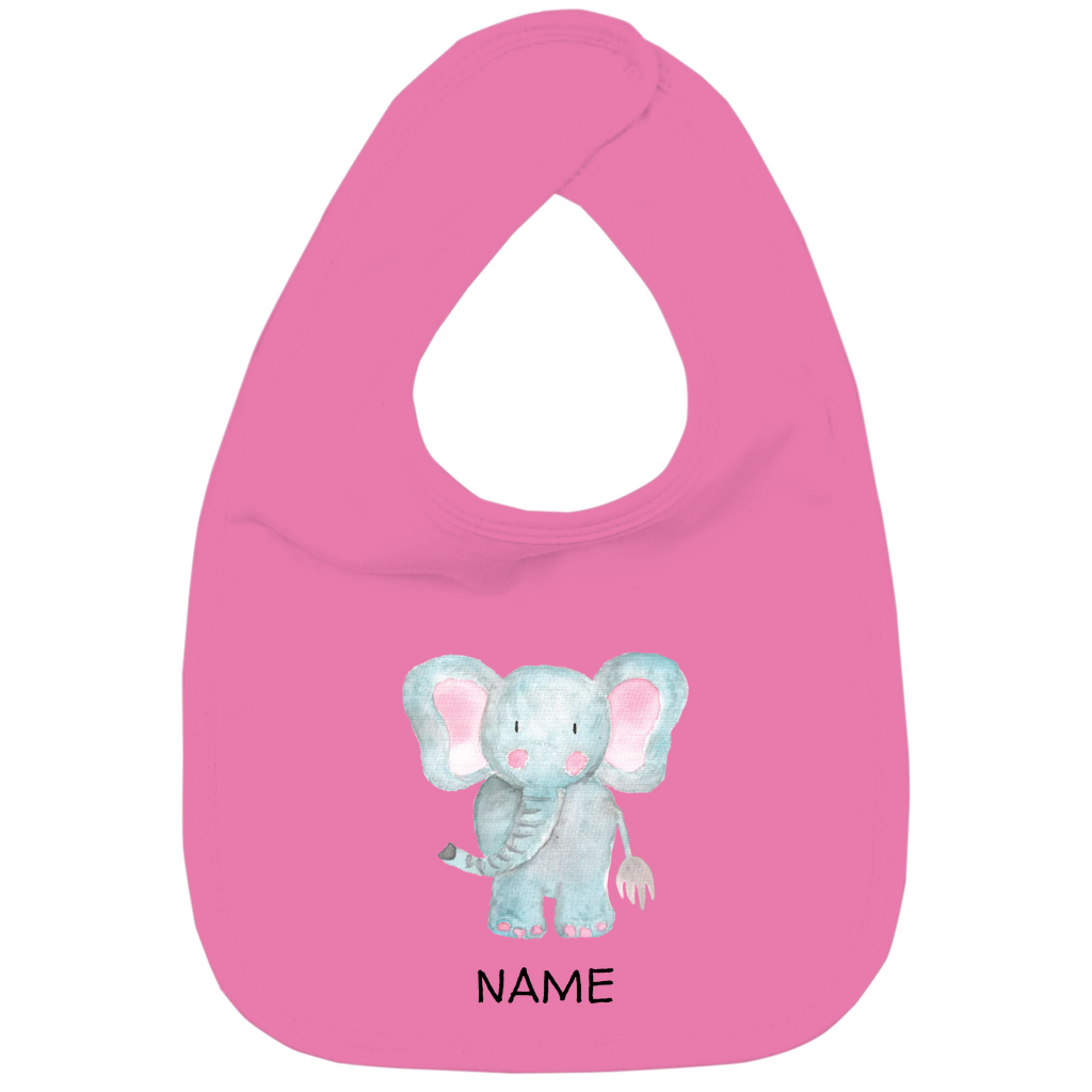 Baby Lätzchen "Little Elephant" in Pink: Handgezeichnetes Elefanten-Tiermotiv in Blau- und Rosatönen, personalisierbar mit Namen