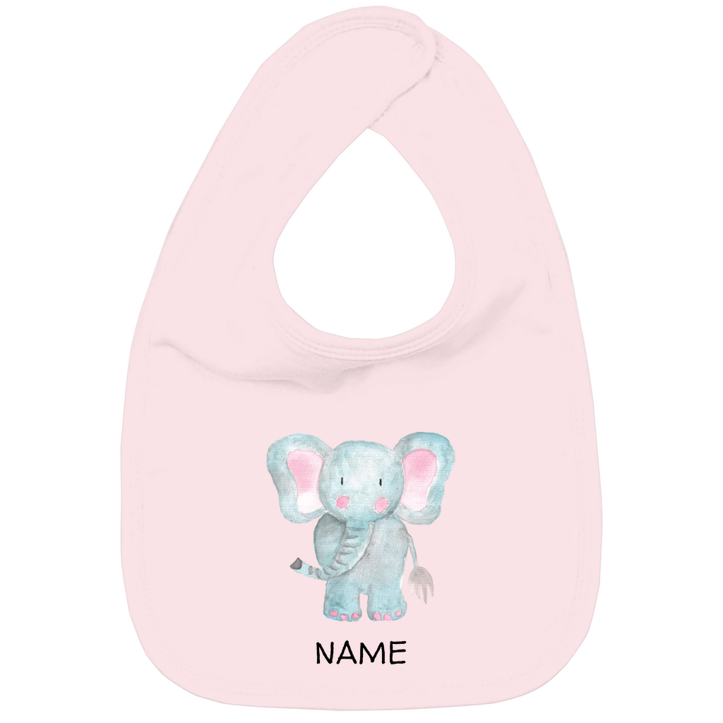 Baby Lätzchen "Little Elephant" in Rosa: Handgezeichnetes Elefanten-Tiermotiv in Blau- und Rosatönen, personalisierbar mit Namen