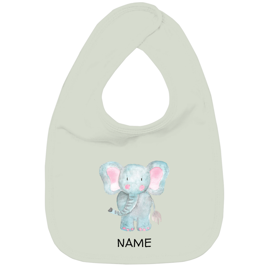 Baby Lätzchen "Little Elephant" in Sage: Handgezeichnetes Elefanten-Tiermotiv in Blau- und Rosatönen, personalisierbar mit Namen
