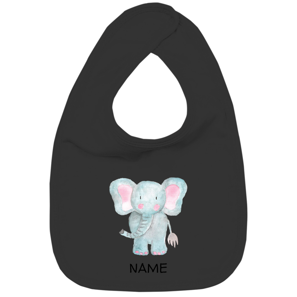Baby Lätzchen "Little Elephant" in Schwarz: Handgezeichnetes Elefanten-Tiermotiv in Blau- und Rosatönen, personalisierbar mit Namen