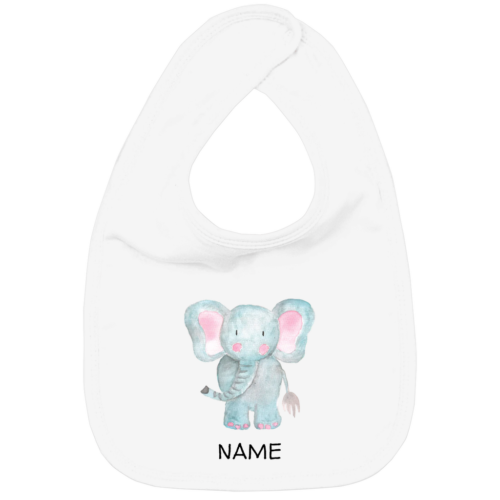 Baby Lätzchen "Little Elephant" in Weiß: Handgezeichnetes Elefanten-Tiermotiv in Blau- und Rosatönen, personalisierbar mit Namen
