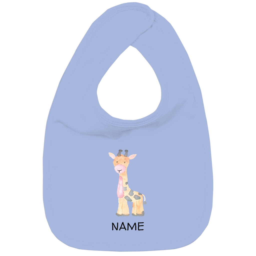 Baby Lätzchen "Little Giraffe" in Blau: Handgezeichnetes Giraffen-Tiermotiv in Gelb- und Grautönen, personalisierbar mit Namen