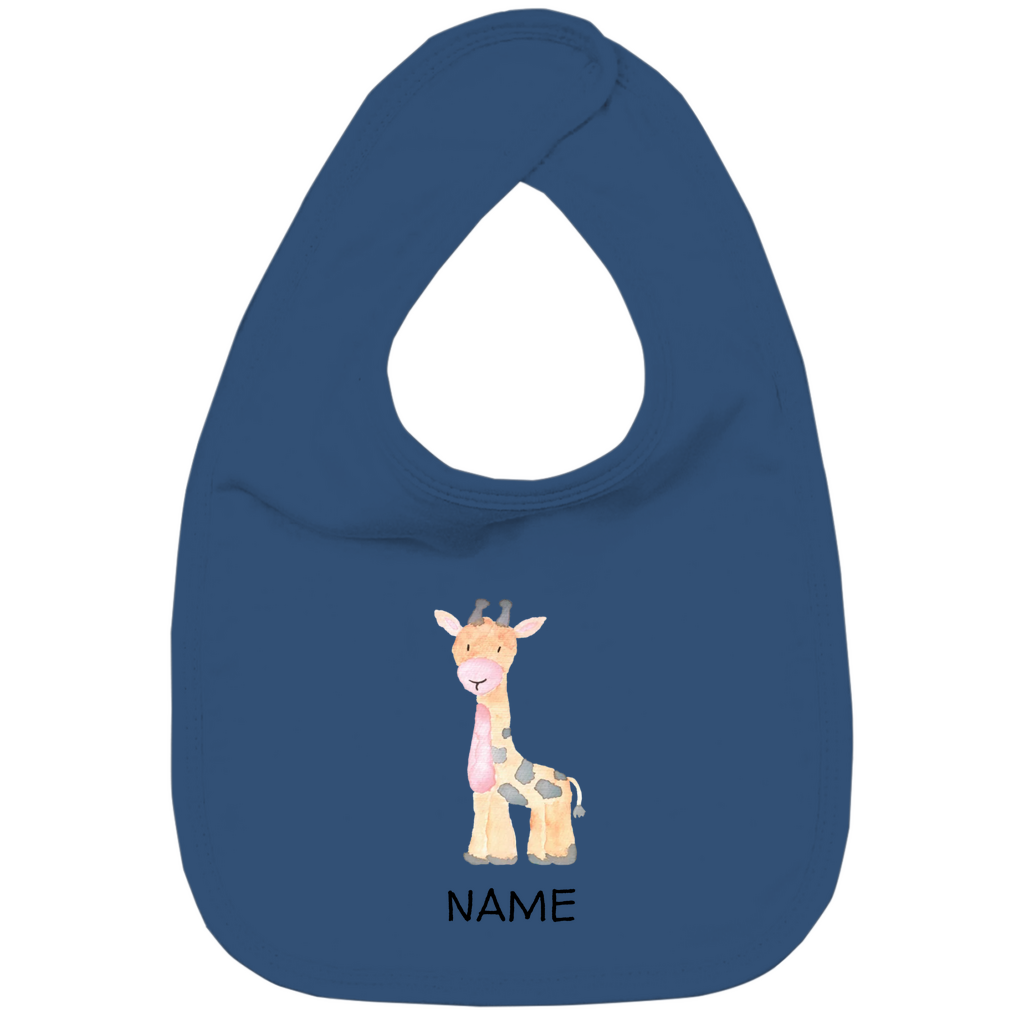 Baby Lätzchen "Little Giraffe" in Navy Blau: Handgezeichnetes Giraffen-Tiermotiv in Gelb- und Grautönen, personalisierbar mit Namen
