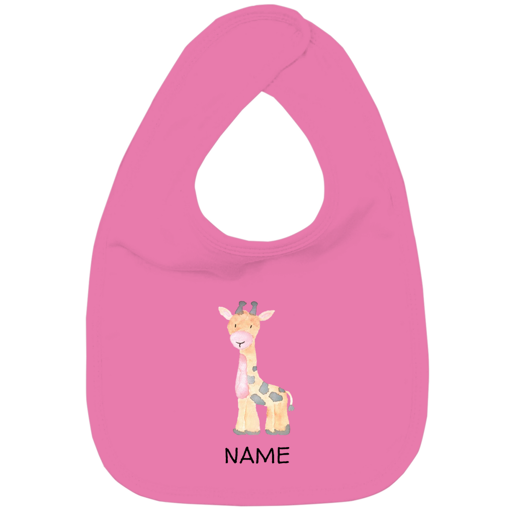 Baby Lätzchen "Little Giraffe" in Pink: Handgezeichnetes Giraffen-Tiermotiv in Gelb- und Grautönen, personalisierbar mit Namen