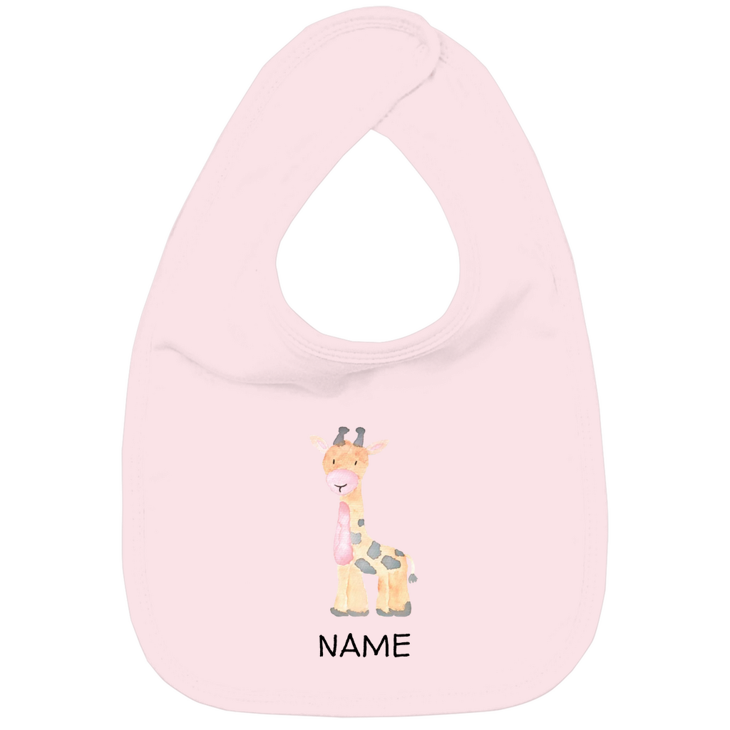 Baby Lätzchen "Little Giraffe" in Rosa: Handgezeichnetes Giraffen-Tiermotiv in Gelb- und Grautönen, personalisierbar mit Namen