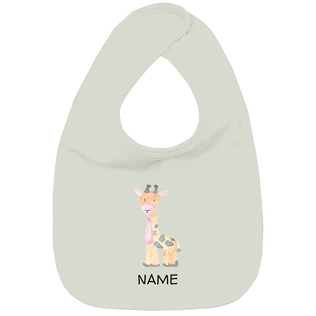 Baby Lätzchen "Little Giraffe" in Sage: Handgezeichnetes Giraffen-Tiermotiv in Gelb- und Grautönen, personalisierbar mit Namen