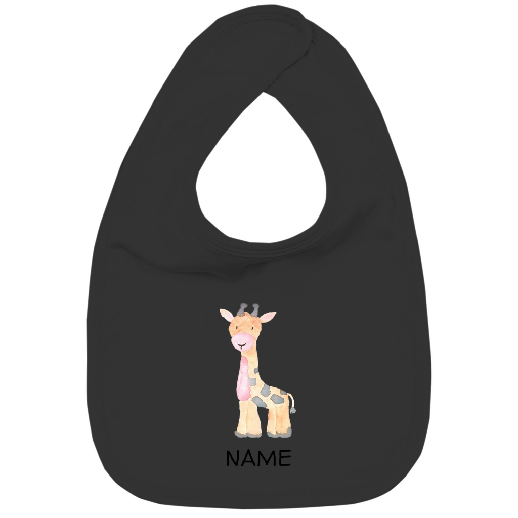 Baby Lätzchen "Little Giraffe" in Schwarz: Handgezeichnetes Giraffen-Tiermotiv in Gelb- und Grautönen, personalisierbar mit Namen