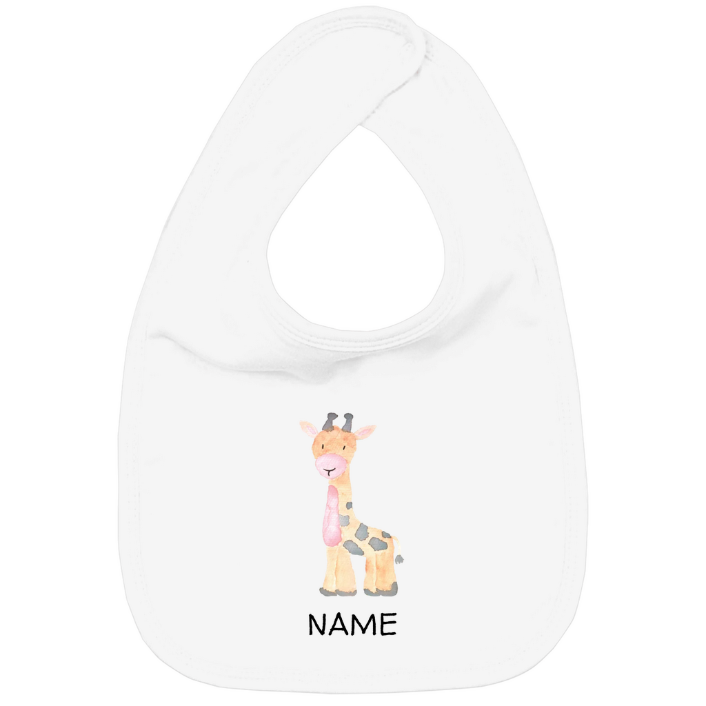 Baby Lätzchen "Little Giraffe" in Weiß: Handgezeichnetes Giraffen-Tiermotiv in Gelb- und Grautönen, personalisierbar mit Namen