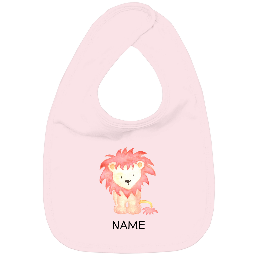 Baby Lätzchen "Little Lion" in Rosa aus Bio-Baumwolle personalisierbar: Niedlicher Löwe mit wilder Mähne für kleine Feinschmecker