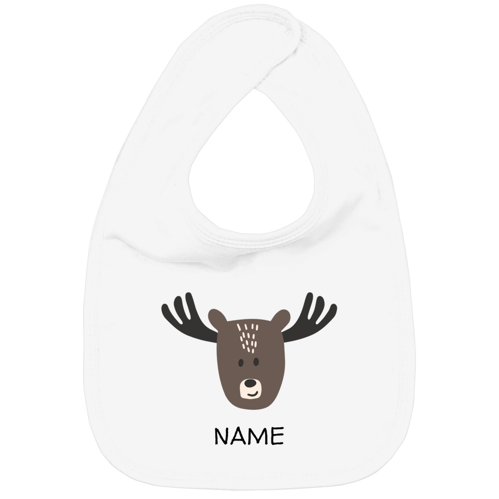Baby Lätzchen "Little Moose" in Weiß: Minimalistisches Elch-Tiermotiv im skandinavischen Design, personalisierbar mit Namen
