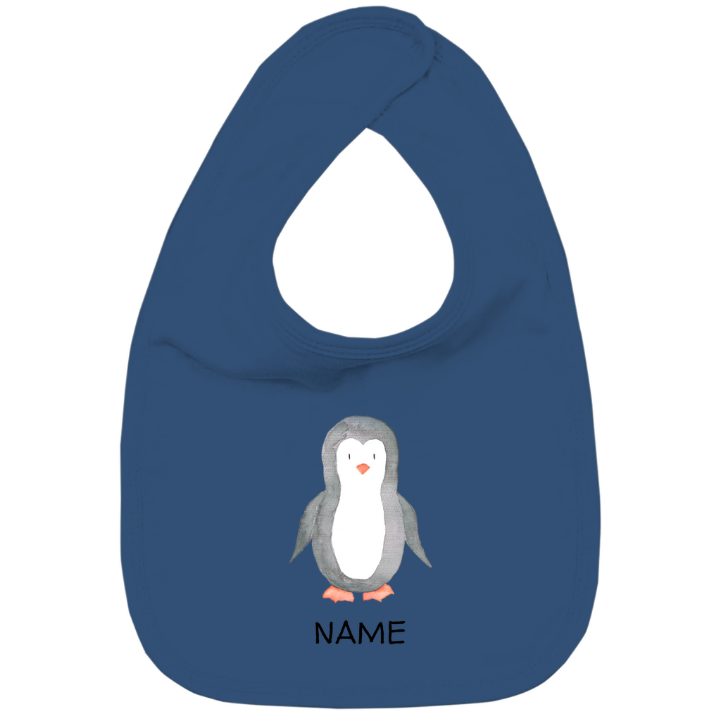 Baby Lätzchen "Little Penguin" mit Pinguin Motiv in Blau: Handgezeichneter Pinguin in Aquarell-Optik, personalisierbar mit Namen deines Kindes