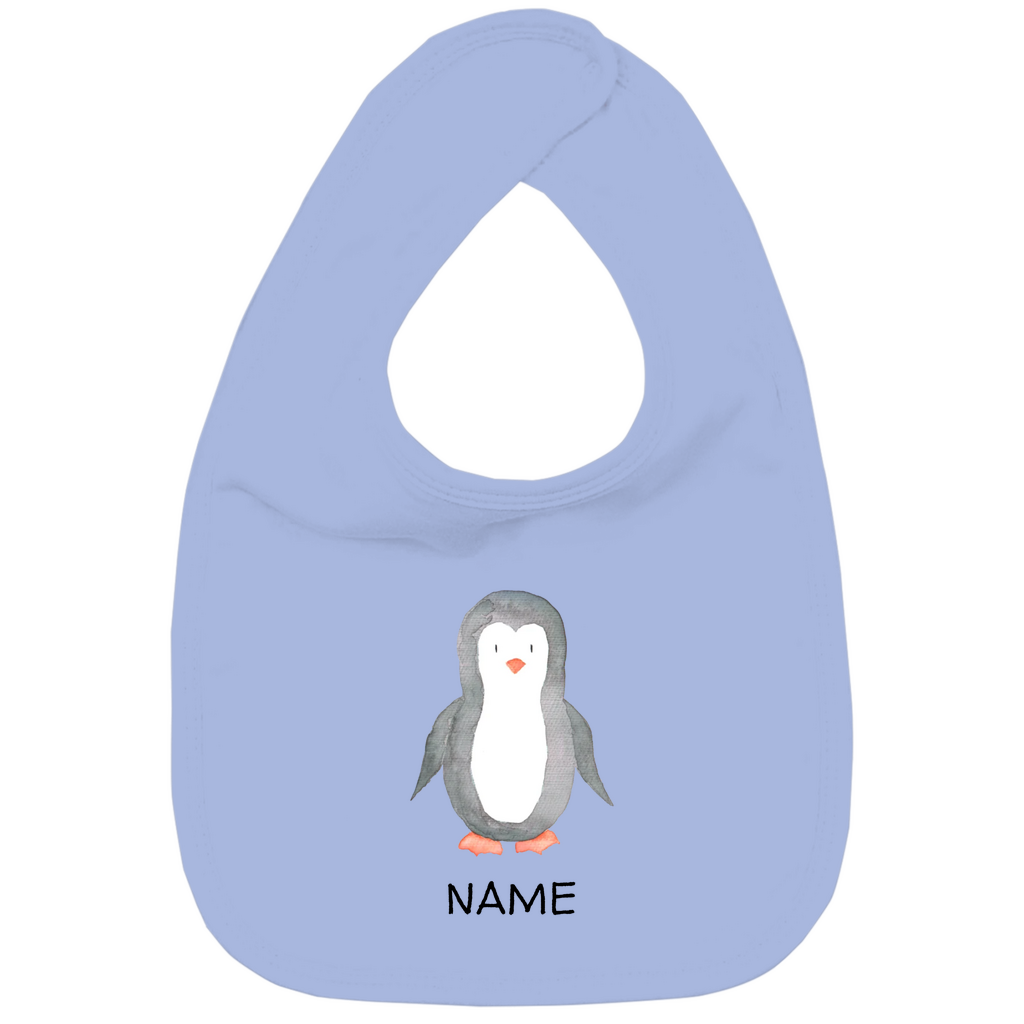 Baby Lätzchen "Little Penguin" mit Pinguin Motiv in Hellblau: Handgezeichneter Pinguin in Aquarell-Optik, personalisierbar mit Namen deines Kindes