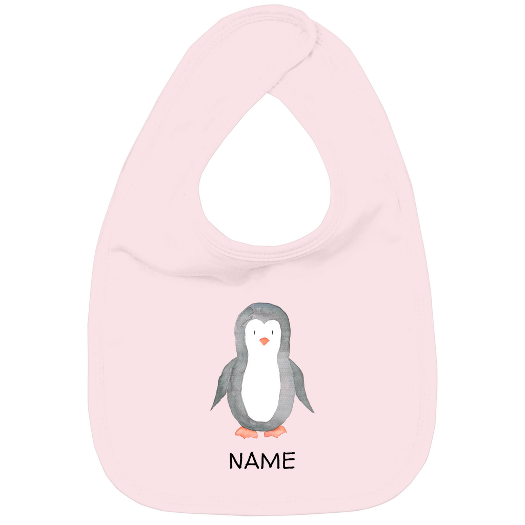 Baby Lätzchen "Little Penguin" mit Pinguin Motiv in Rosa: Handgezeichneter Pinguin in Aquarell-Optik, personalisierbar mit Namen deines Kindes