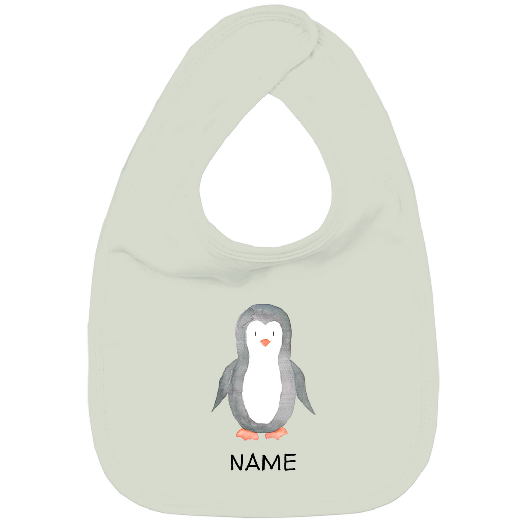 Baby Lätzchen "Little Penguin" mit Pinguin Motiv in Sage: Handgezeichneter Pinguin in Aquarell-Optik, personalisierbar mit Namen deines Kindes