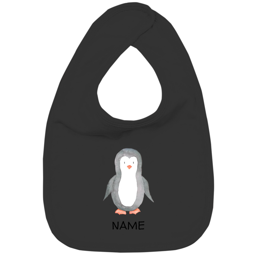 Baby Lätzchen "Little Penguin" mit Pinguin Motiv in Schwarz: Handgezeichneter Pinguin in Aquarell-Optik, personalisierbar mit Namen deines Kindes