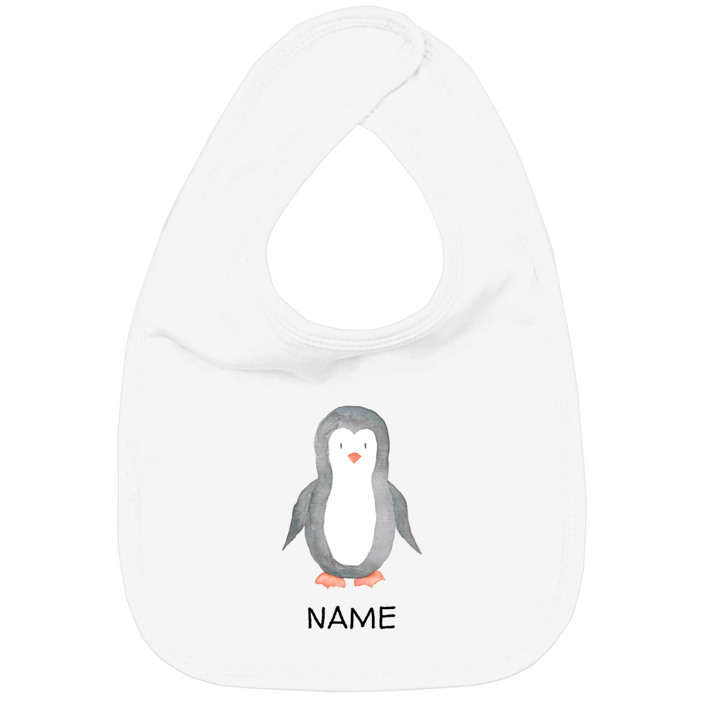 Baby Lätzchen "Little Penguin" mit Pinguin Motiv in Weiß: Handgezeichneter Pinguin in Aquarell-Optik, personalisierbar mit Name deines Kindes
