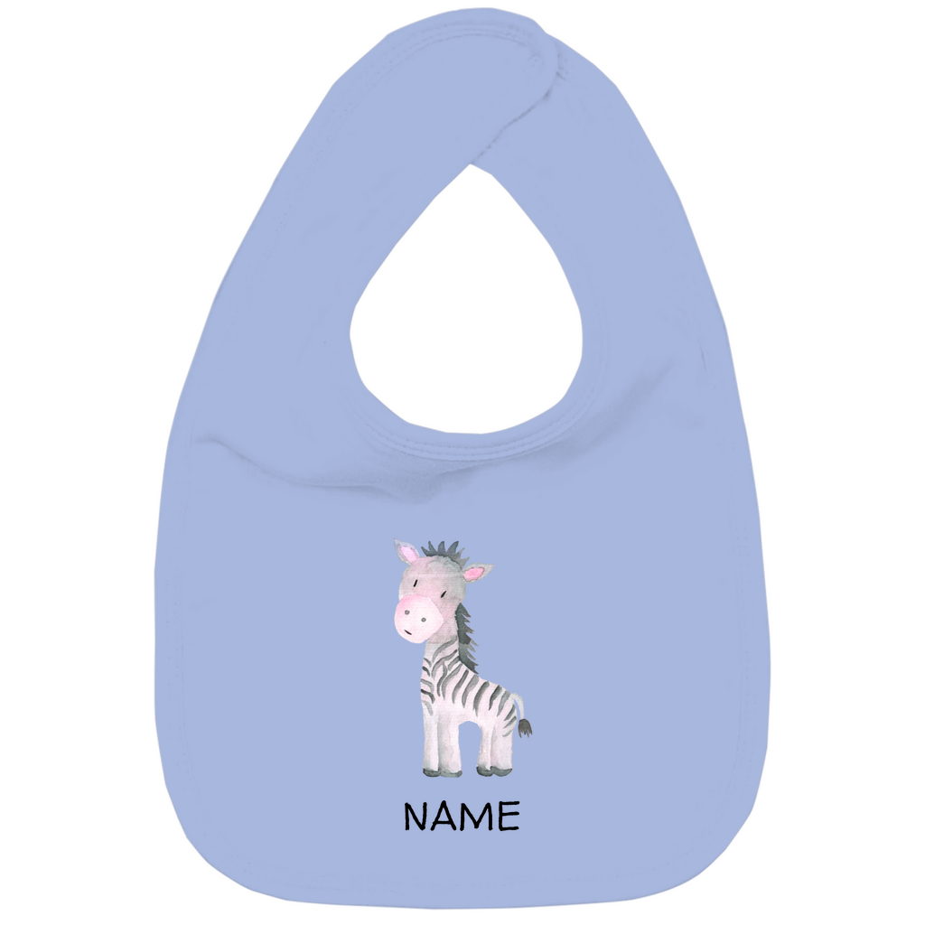 Baby Lätzchen "Little Zebra" in Blau: Handgezeichnetes Zebra-Tiermotiv in Rosa- und Grautönen, personalisierbar mit Namen